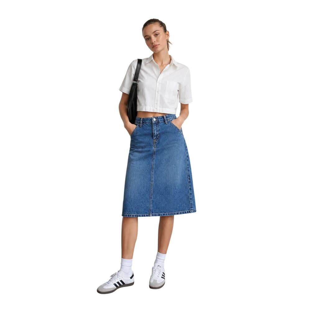 Y2K GAP Denim Pencil Skirt Indigo Wash Midi Pockets Back Slit 6